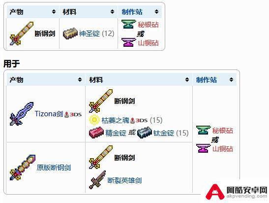 泰拉瑞亚原版断钢剑怎么制作